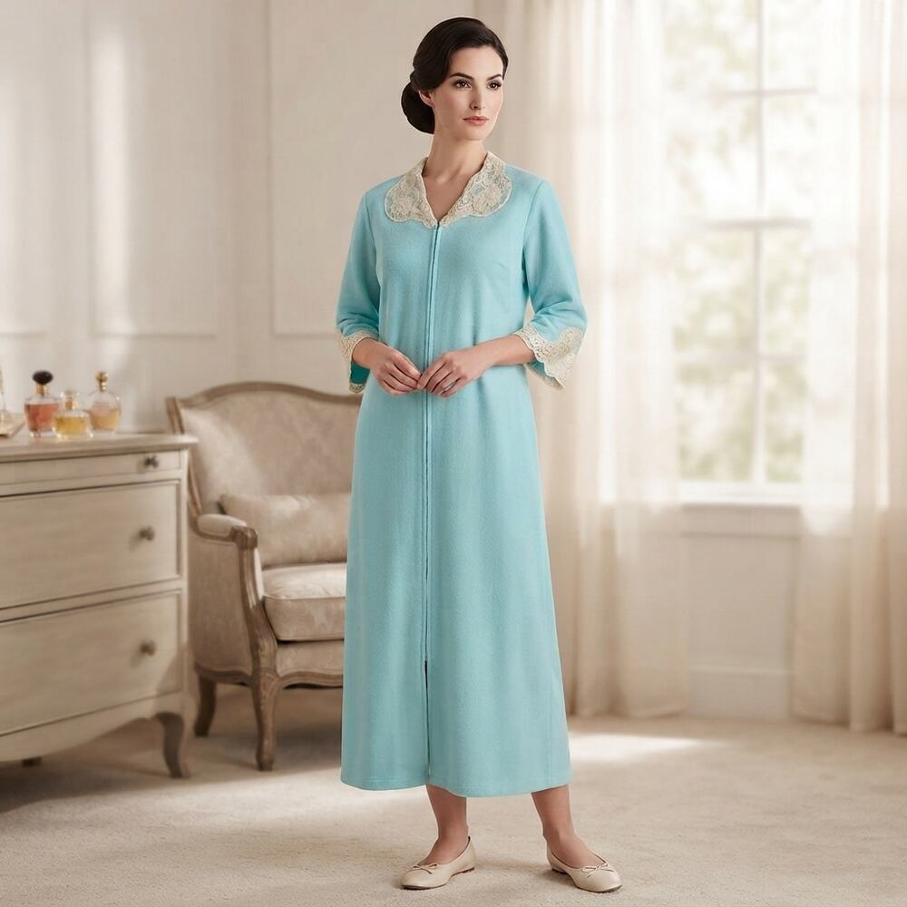 Vanity Fair VINTAGE ROBE Lace detail 3/4 Sleeve V-Neck Front Zip Teal Size Small